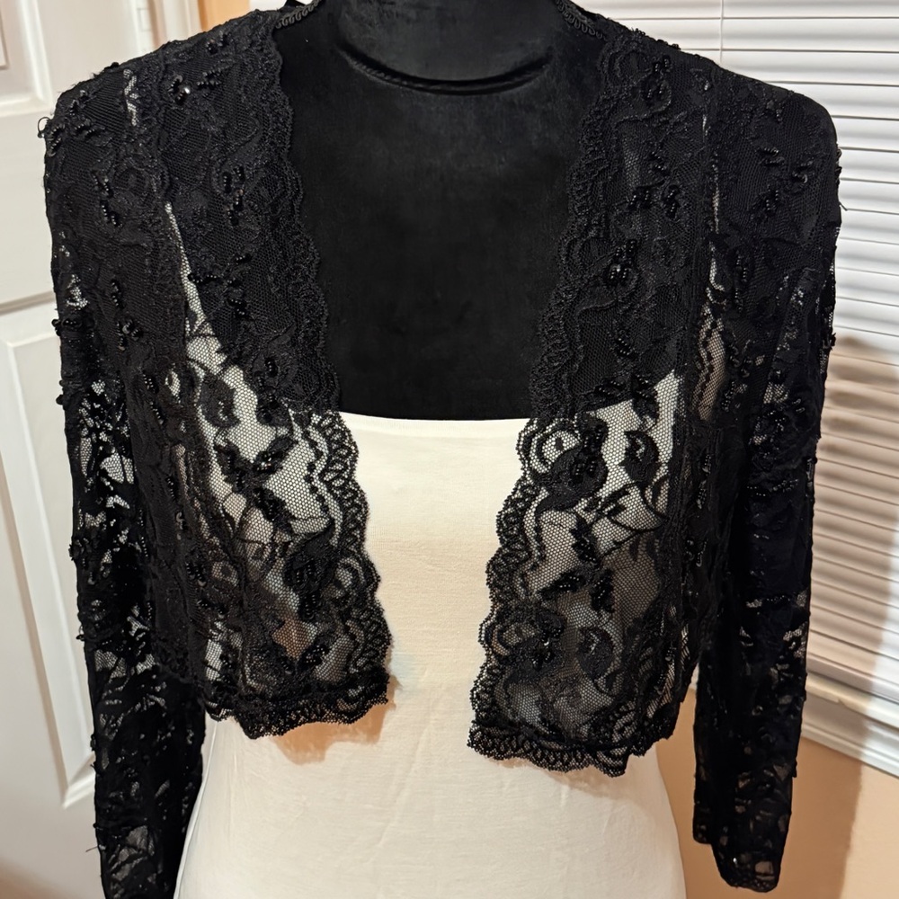 Marina Evening Collection Black Beaded Lace Bolero Shrug Sheer Formal Wrap L NWT